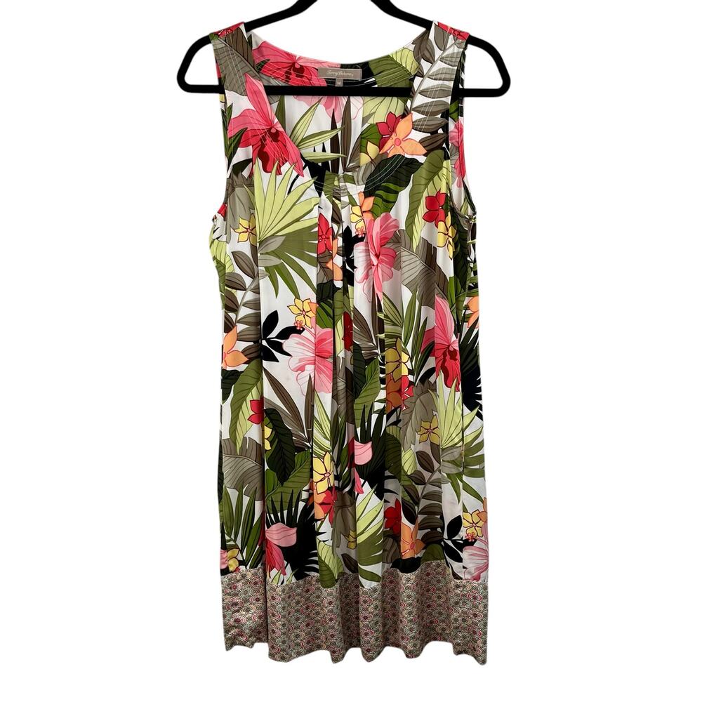 Tommy Bahama Green Tropical Floral 100% Silk Mini Shift Dress M Pockets Resort